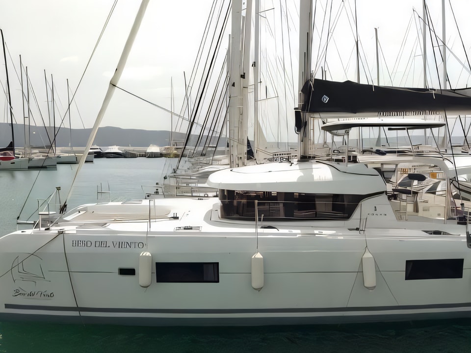 Exterior overview of Lagoon 42 OWNER VERSION catamaran for charter from Kastela Gomilica Marina in the Sibenik sailing area Croatia