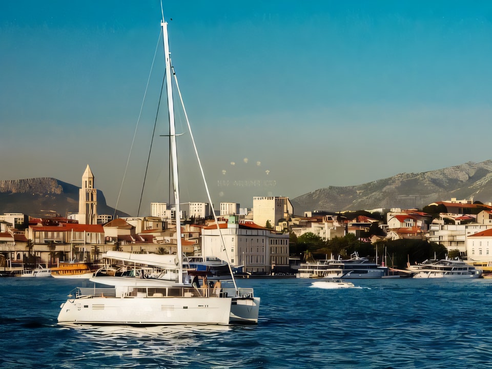 Exterior overview of Lagoon 400 S2 catamaran for charter from Split Marina Mornar in the Split sailing area Croatia