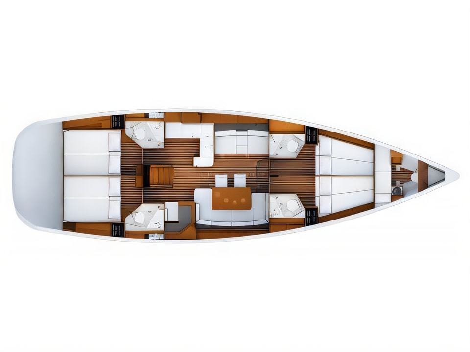 Layout of Jeanneau 53 equipped with roll mainsail, bow thruster, generator, A / C (saloon), TV / DVD sail boat with 5 cabins Croatia yacht charter