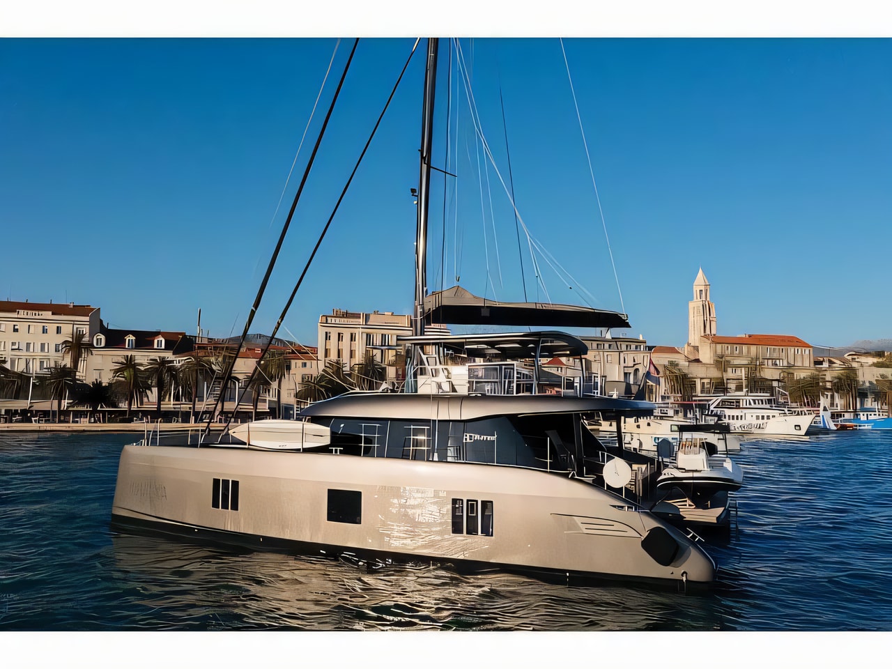 Exterior overview of Sunreef 60 catamaran for charter from Kastela Gomilica Marina in the Split sailing area Croatia