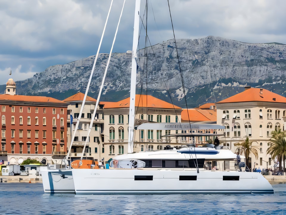 Exterior overview of Lagoon 620 catamaran for charter from Kastela Gomilica Marina in the Sibenik sailing area Croatia