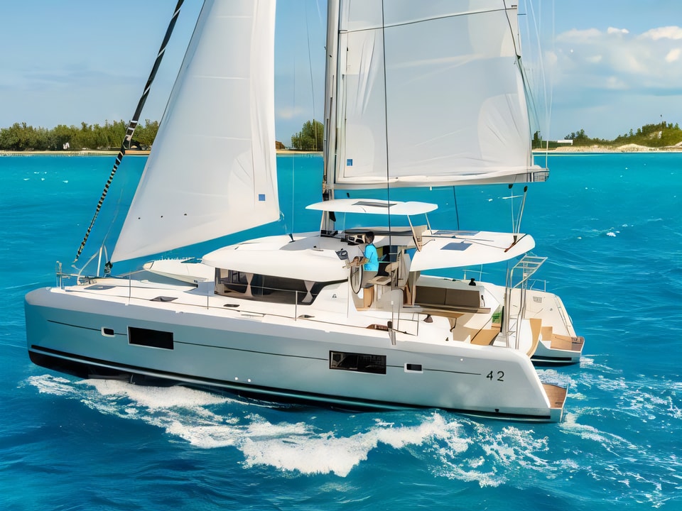Exterior overview of Lagoon 42 catamaran for charter from SCT Marina Trogir in the Split sailing area Croatia