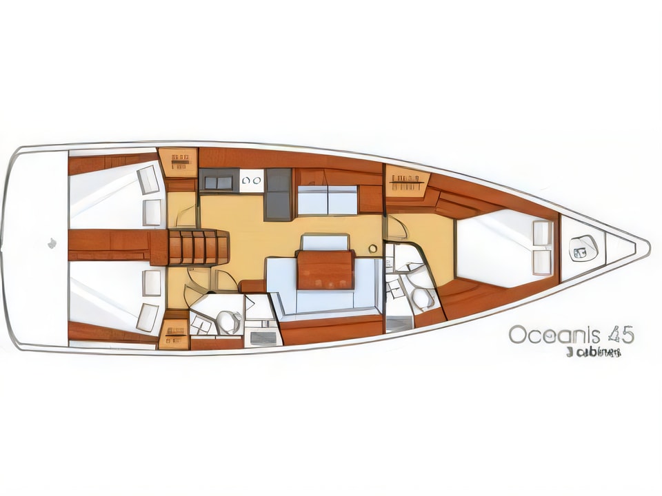 Layout of Oceanis 45 sail boat with 3 cabins Croatia yacht charter