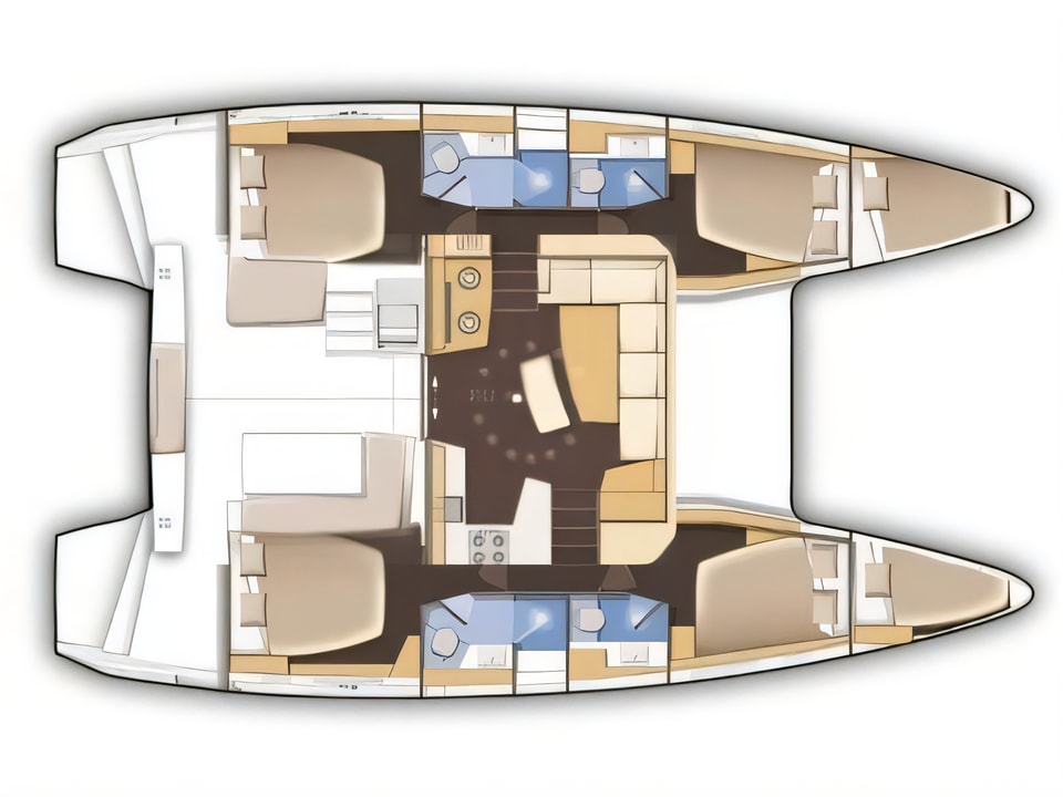 Layout of Lagoon 42 catamaran with 6 cabins Croatia yacht charter