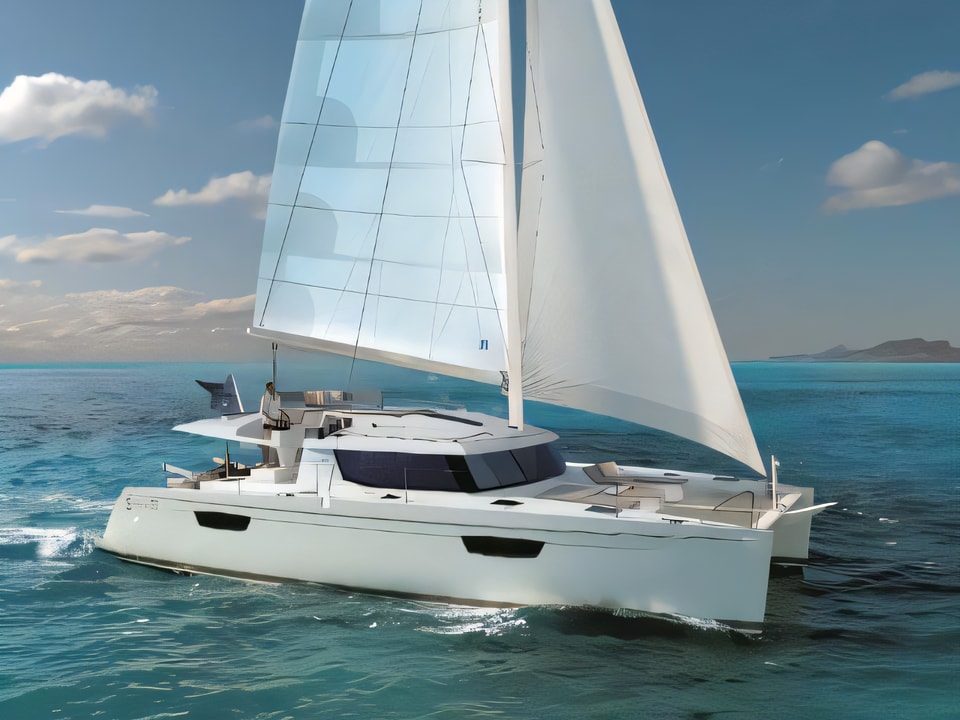 Exterior overview of Saba 50 Quintet (6+2) catamaran for charter from SCT Marina Trogir in the Split sailing area Croatia
