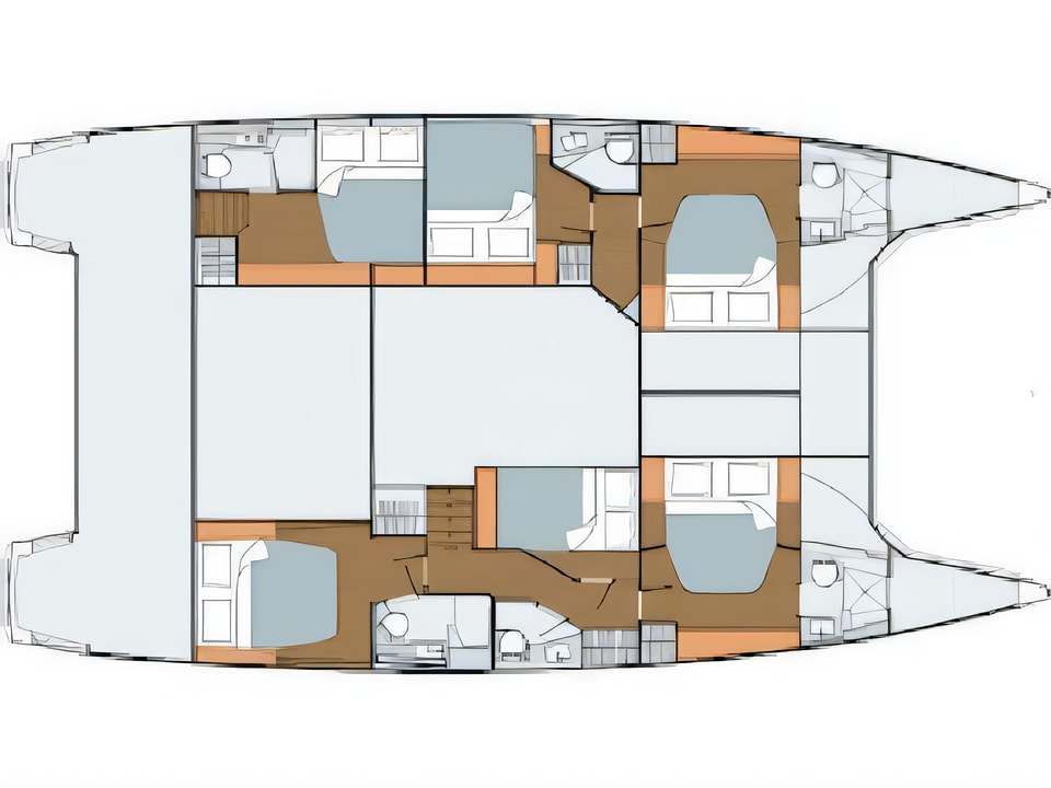 Layout of Saba 50 Quintet (6+2) catamaran with 6 cabins Croatia yacht charter