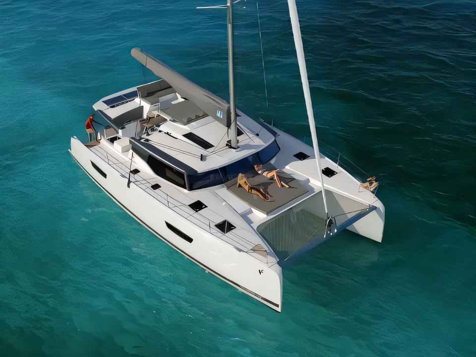 Exterior overview of FP Saona 47 catamaran for charter from Rogoznica Marina Frapa in the Sibenik sailing area Croatia