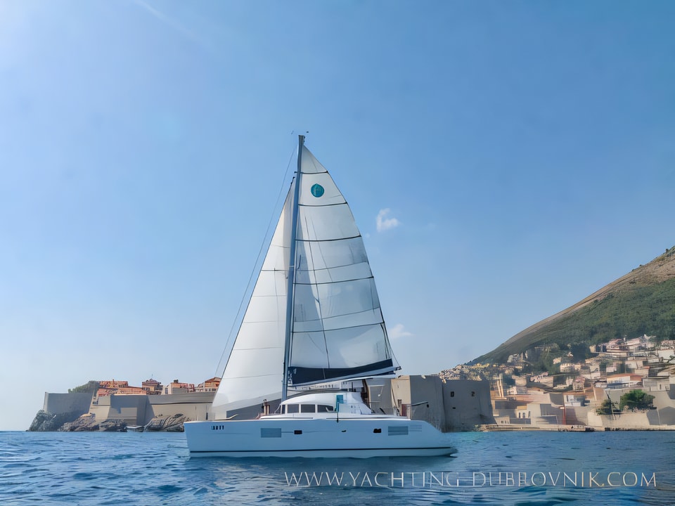 Exterior overview of Lagoon 380 catamaran for charter from Dubrovnik ACI Marina in the Dubrovnik sailing area Croatia