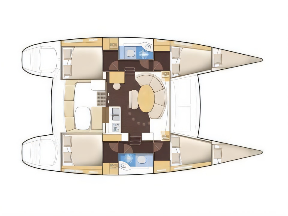 Layout of Lagoon 380 catamaran with 6 cabins Croatia yacht charter