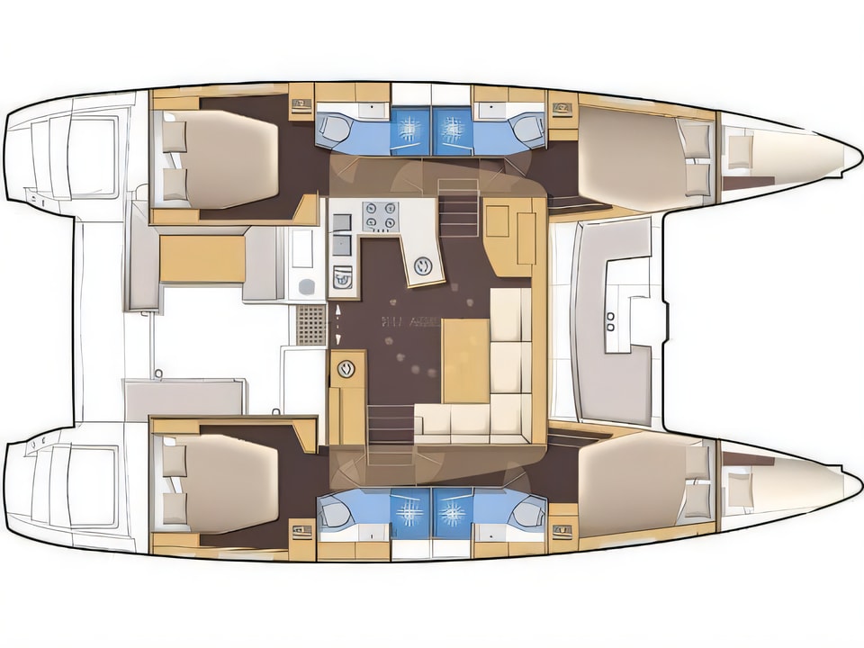 Layout of Lagoon 450 F catamaran with 6 cabins Croatia yacht charter