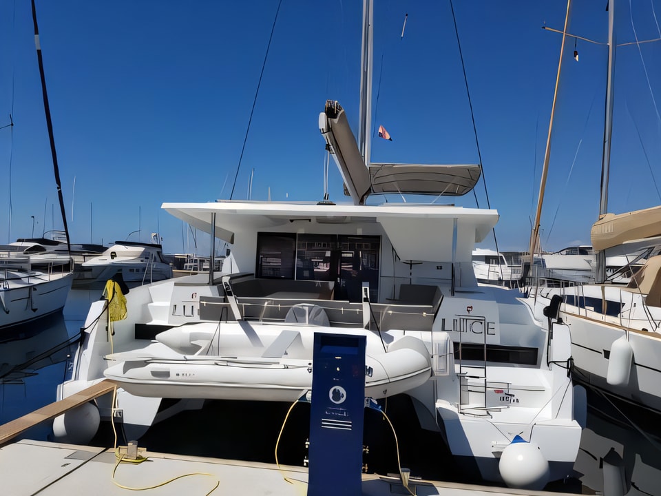 Exterior overview of Fountaine Pajot Lucia 40 catamaran for charter from Biograd Marina Kornati in the Kornati sailing area Croatia