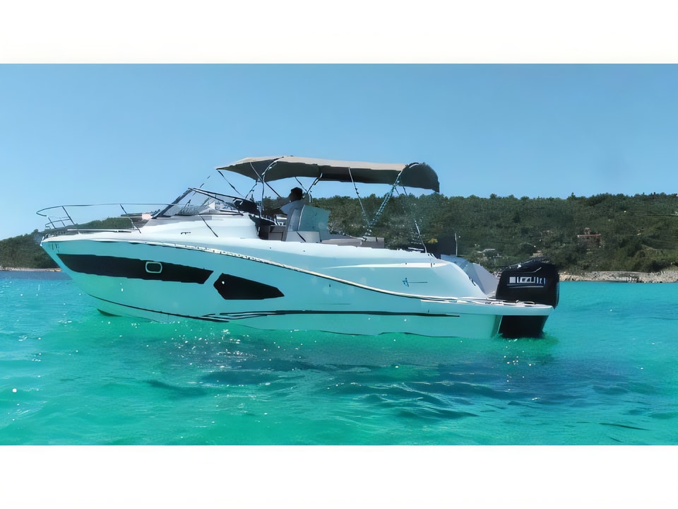 Exterior overview of Jeanneau Cap Camarat 10.5 WA motor boat for charter from Trogir ACI Marina in the Split sailing area Croatia