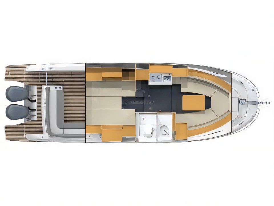 Layout of Jeanneau Cap Camarat 10.5 WA motor boat with 2 cabins Croatia yacht charter