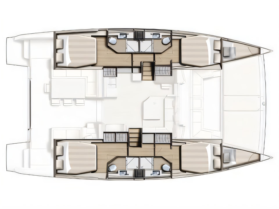 Layout of Bali 4.5 catamaran with 6 cabins Croatia yacht charter