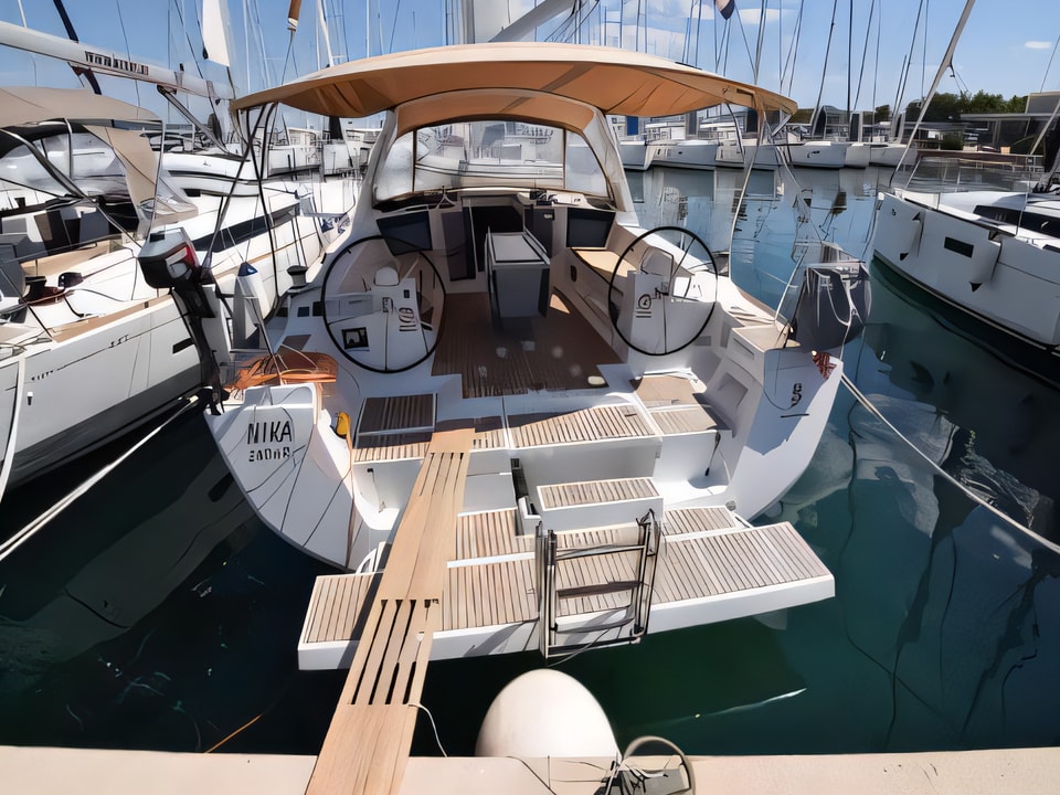 Exterior overview of Oceanis 45- 4 cab sail boat for charter from Sukosan Marina Dalmacija in the Zadar sailing area Croatia