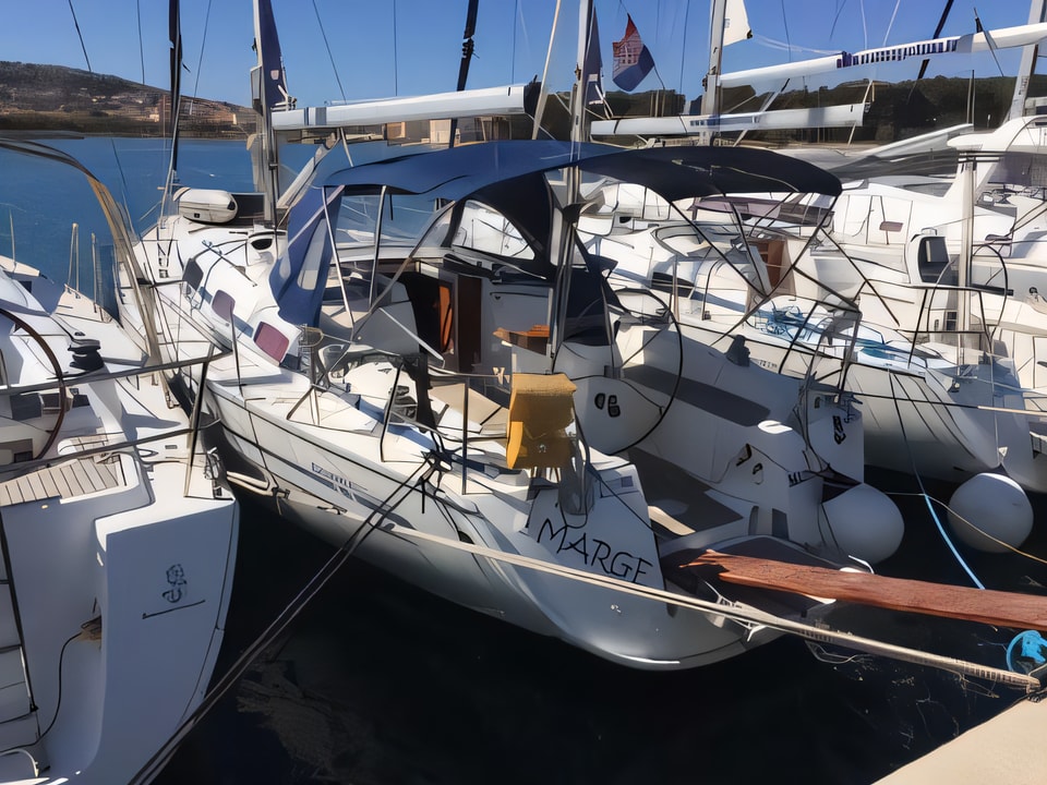 Exterior overview of Bavaria 38 Cruiser sail boat for charter from Murter Marina Betina in the Sibenik sailing area Croatia
