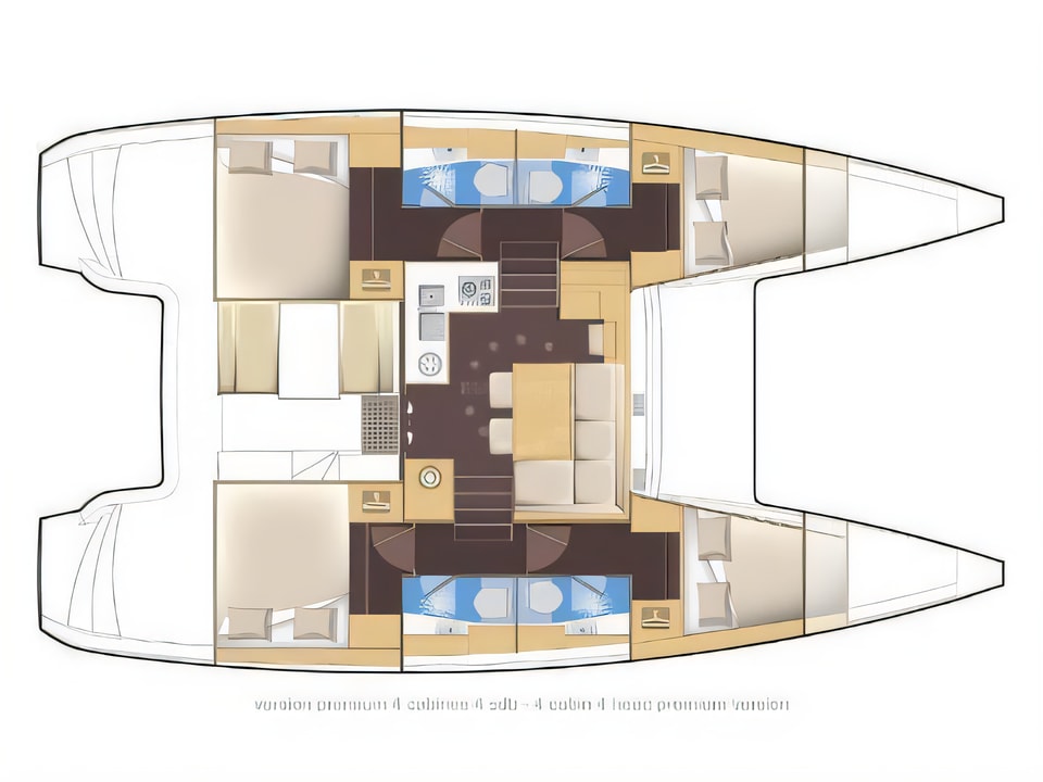 Layout of Lagoon 39 catamaran with 6 cabins Croatia yacht charter