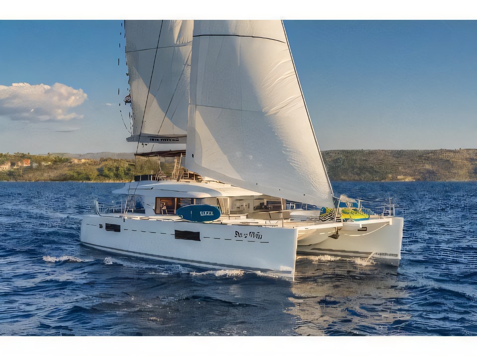 Exterior overview of Lagoon 560 S2 equipped with generator, AC (saloon+cabins), water maker, ice maker, microwave oven, dishwasher, underwater lights, 2 X S.U.P. , water ski & tube, 8 snorkel. sets catamaran for charter from Split Marina Mornar in the Split sailing area Croatia