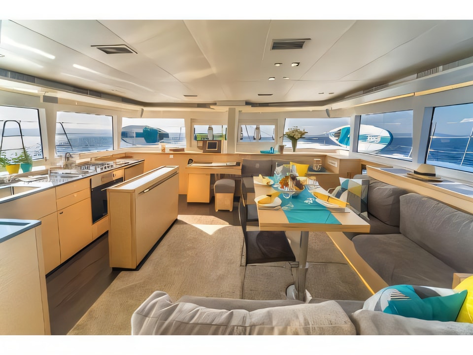 Interior of Lagoon 560 S2 equipped with generator, AC (saloon+cabins), water maker, ice maker, microwave oven, dishwasher, underwater lights, 2 X S.U.P. , water ski & tube, 8 snorkel. sets catamaran with 5 cabins Croatia yacht charter