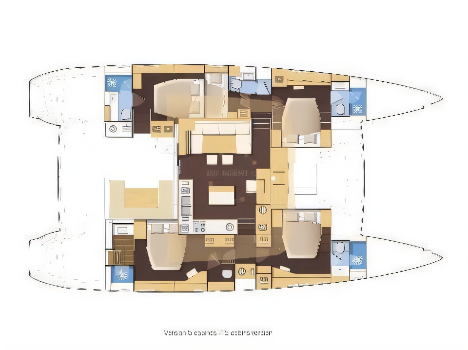 Layout of Lagoon 560 S2 equipped with generator, AC (saloon+cabins), water maker, ice maker, microwave oven, dishwasher, underwater lights, 2 X S.U.P. , water ski & tube, 8 snorkel. sets catamaran with 5 cabins Croatia yacht charter