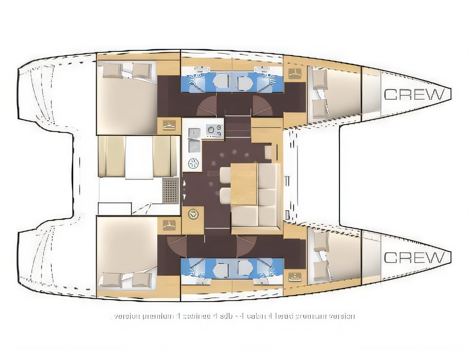 Layout of Lagoon 39 catamaran with 6 cabins Croatia yacht charter