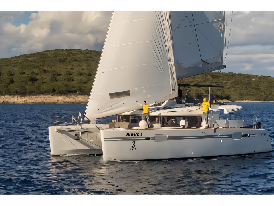 Exterior overview of Lagoon 450 equipped with generator, A / C (saloon+cabins), ice maker catamaran for charter from Split Marina Mornar in the Split sailing area Croatia