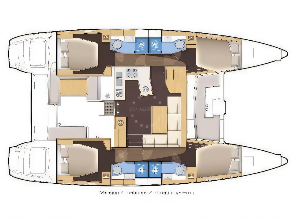 Layout of Lagoon 450 equipped with generator, A / C (saloon+cabins), ice maker catamaran with 6 cabins Croatia yacht charter