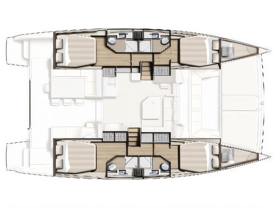 Layout of Bali 4.5 catamaran with 6 cabins Croatia yacht charter