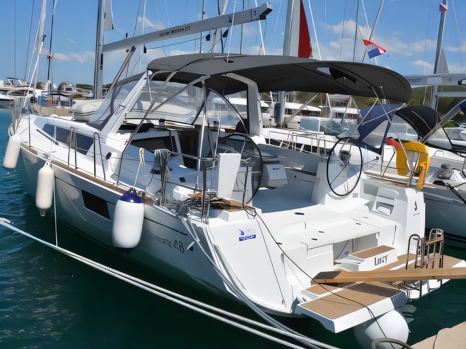 Exterior overview of Oceanis 48 sail boat for charter from Sukosan Marina Dalmacija in the Zadar sailing area Croatia