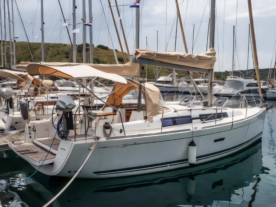 Exterior overview of Dufour 335 Grand Large sail boat for charter from Primosten Marina Kremik in the Sibenik sailing area Croatia