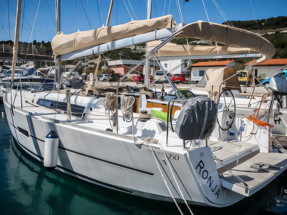 Exterior overview of Dufour 350 Grand Large sail boat for charter from Primosten Marina Kremik in the Sibenik sailing area Croatia