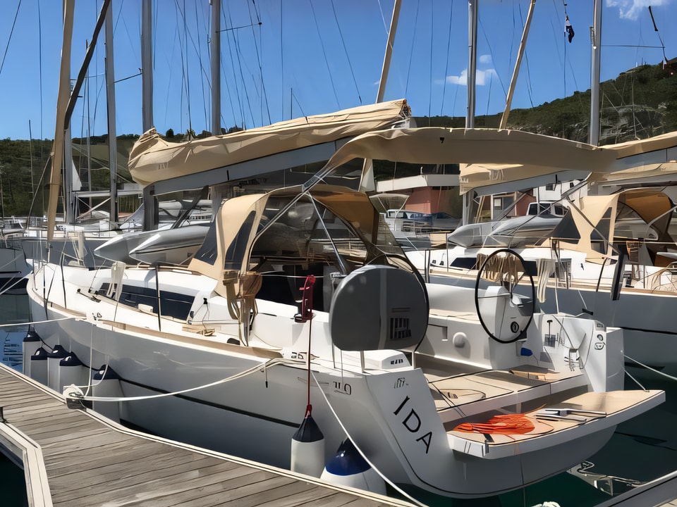 Exterior overview of Dufour 350 Grand Large sail boat for charter from Primosten Marina Kremik in the Sibenik sailing area Croatia