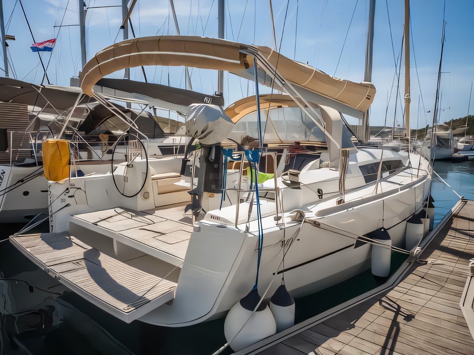 Exterior overview of Dufour 410 Grand Large sail boat for charter from Primosten Marina Kremik in the Sibenik sailing area Croatia