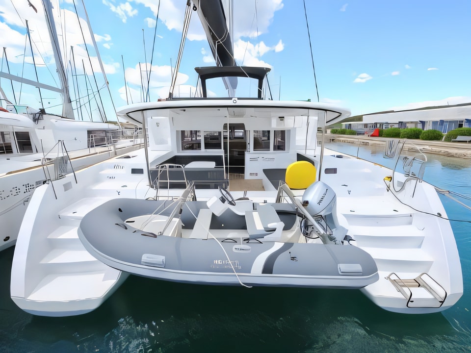 Exterior overview of Lagoon 450 F catamaran for charter from Sukosan Marina Dalmacija in the Zadar sailing area Croatia