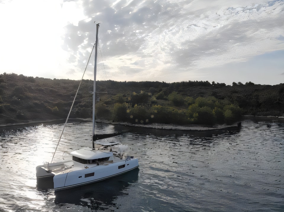 Exterior overview of Lagoon 42 catamaran for charter from Kastela Gomilica Marina in the Sibenik sailing area Croatia