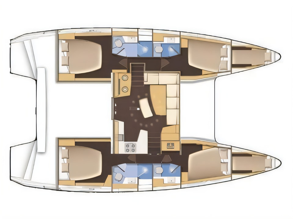 Layout of Lagoon 42 catamaran with 4 cabins Croatia yacht charter