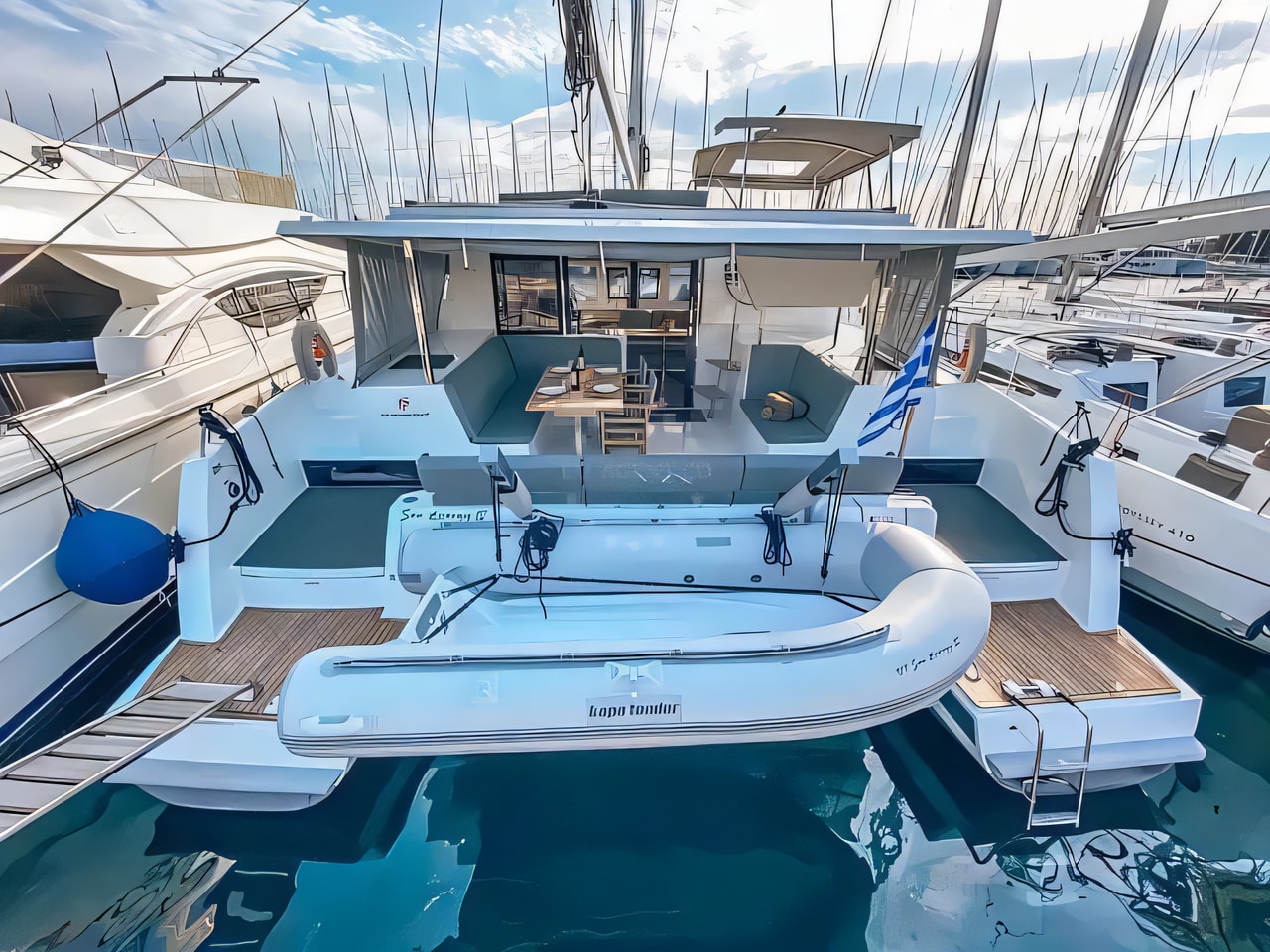 Exterior overview of Lucia 40 catamaran for charter from Pula Marina Polesana in the Istria / Kvarner sailing area Croatia