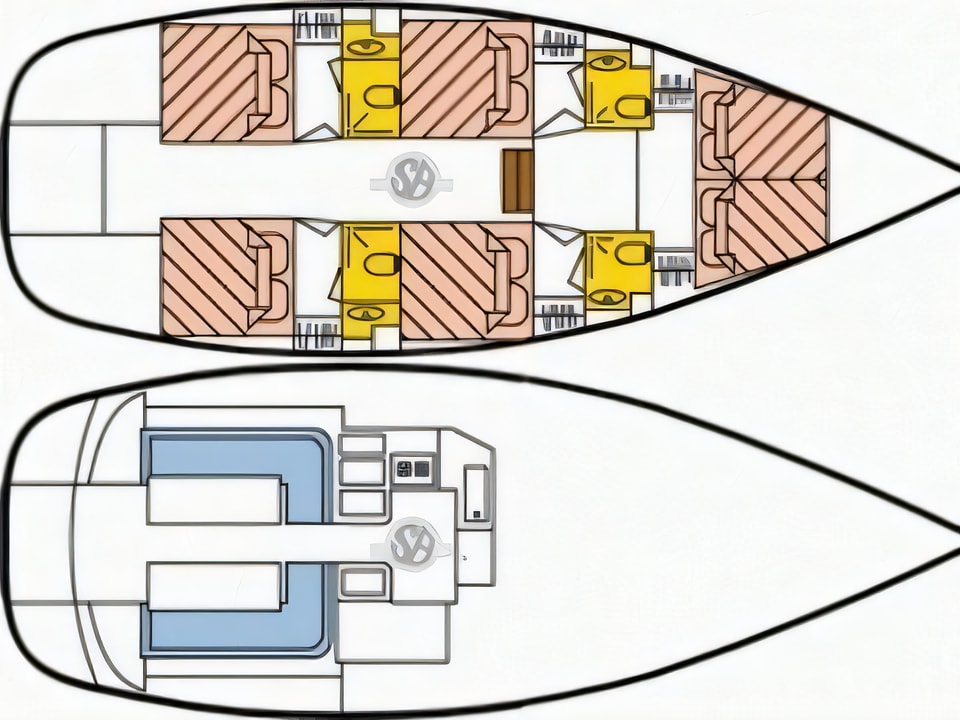 Layout of Dufour Atoll 6 sail boat with 6 cabins Croatia yacht charter