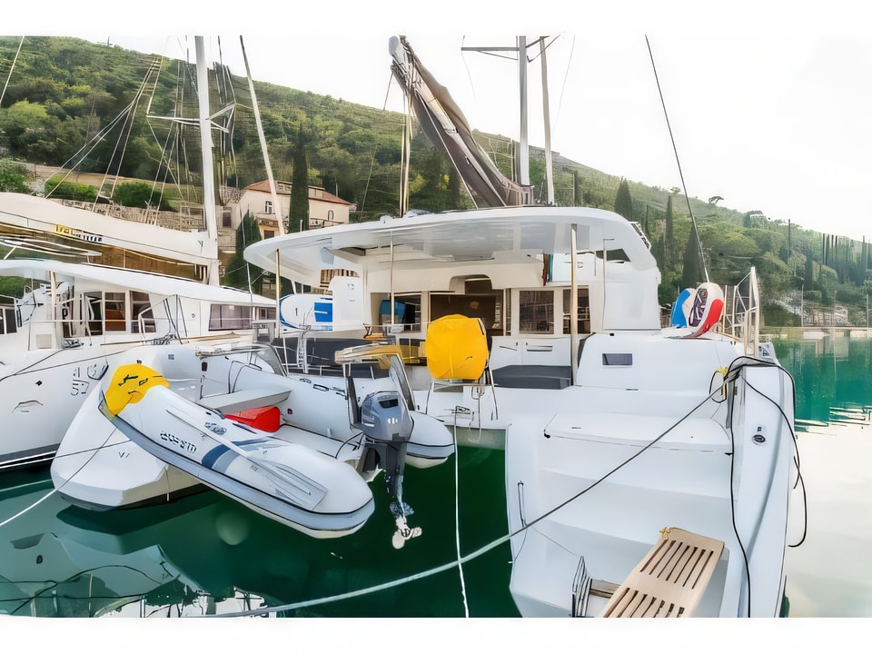 Exterior overview of Lagoon 450 Fly catamaran for charter from Trogir ACI Marina in the Split sailing area Croatia