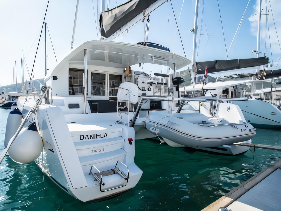 Exterior overview of Lagoon 39 catamaran for charter from Seget Donji Marina Baotic in the Split sailing area Croatia