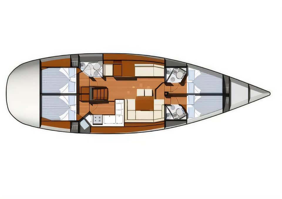 Layout of Sun Odyssey 50DS sail boat with 4 cabins Croatia yacht charter