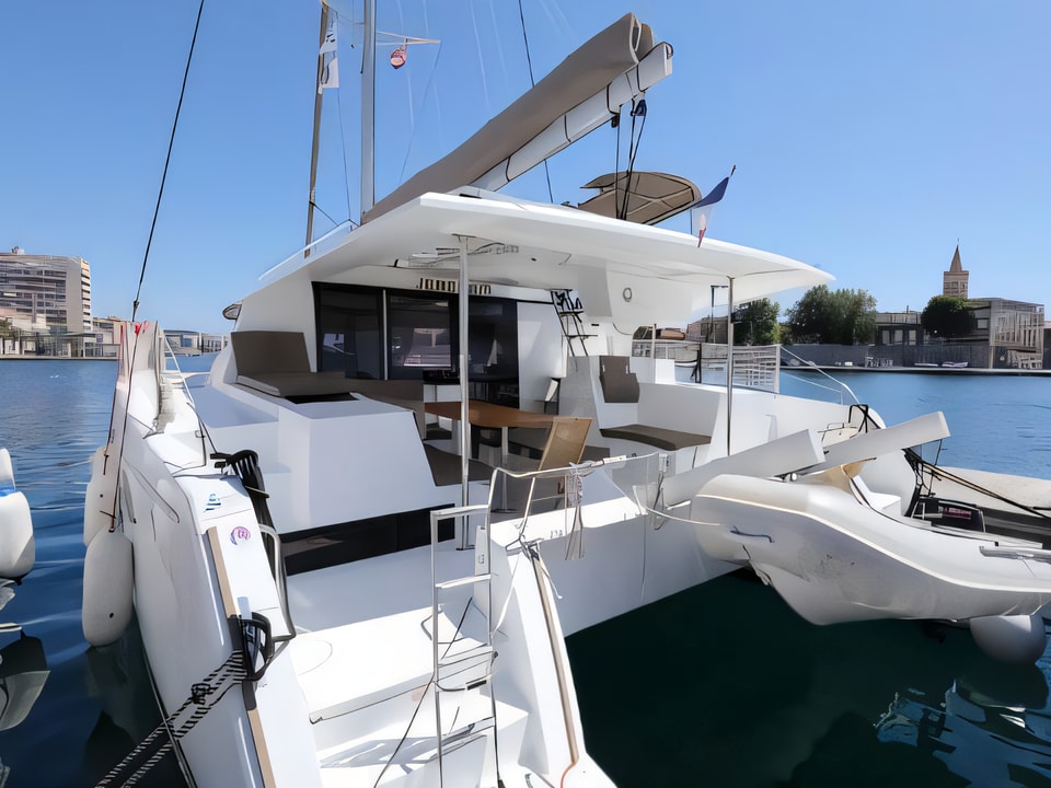 Exterior overview of Helia 44 catamaran for charter from Zadar Marina Zadar in the Zadar sailing area Croatia