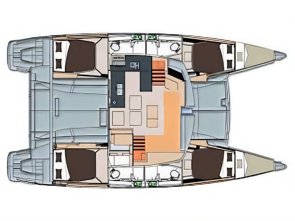 Layout of Helia 44 catamaran with 6 cabins Croatia yacht charter
