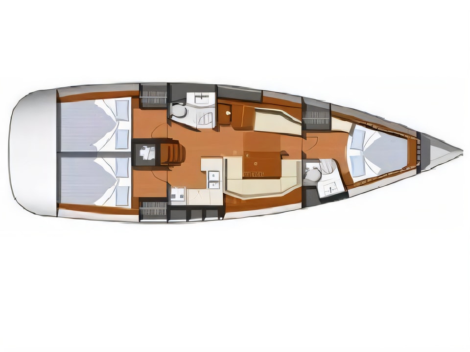Layout of Sun Odyssey 42i sail boat with 3 cabins Croatia yacht charter