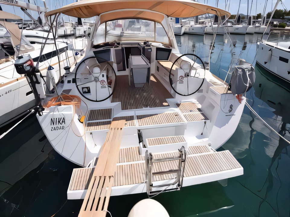 Exterior overview of Oceanis 45 sail boat for charter from Sukosan Marina Dalmacija in the Zadar sailing area Croatia