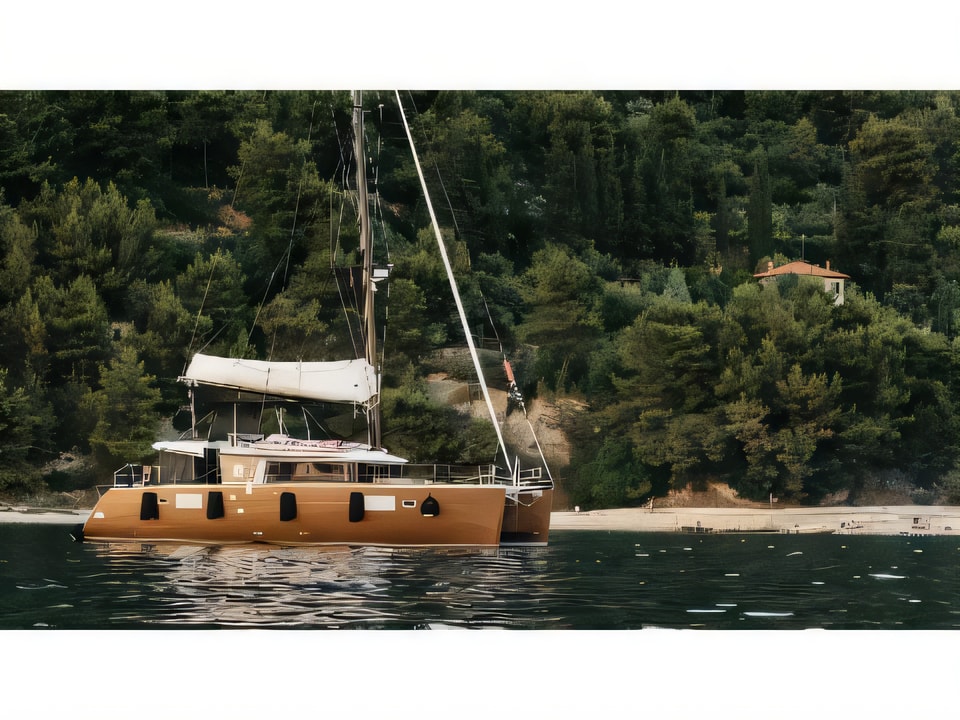Exterior overview of Lagoon 450 F equipped with generator, A / C (saloon+cabins), ice maker, dishwasher,water maker, microwave oven, 2 S.U.P.2 kneeboard, underwater lights, bow thruster catamaran for charter from Split Marina Mornar in the Split sailing area Croatia