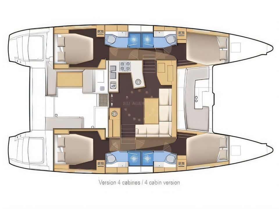 Layout of Lagoon 450 F equipped with generator, A / C (saloon+cabins), ice maker, dishwasher,water maker, microwave oven, 2 S.U.P.2 kneeboard, underwater lights, bow thruster catamaran with 6 cabins Croatia yacht charter