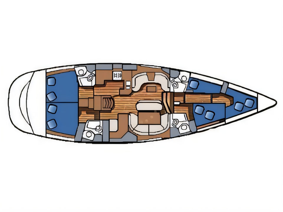 Layout of Sun Odyssey 54 DS sail boat with 5 cabins Croatia yacht charter