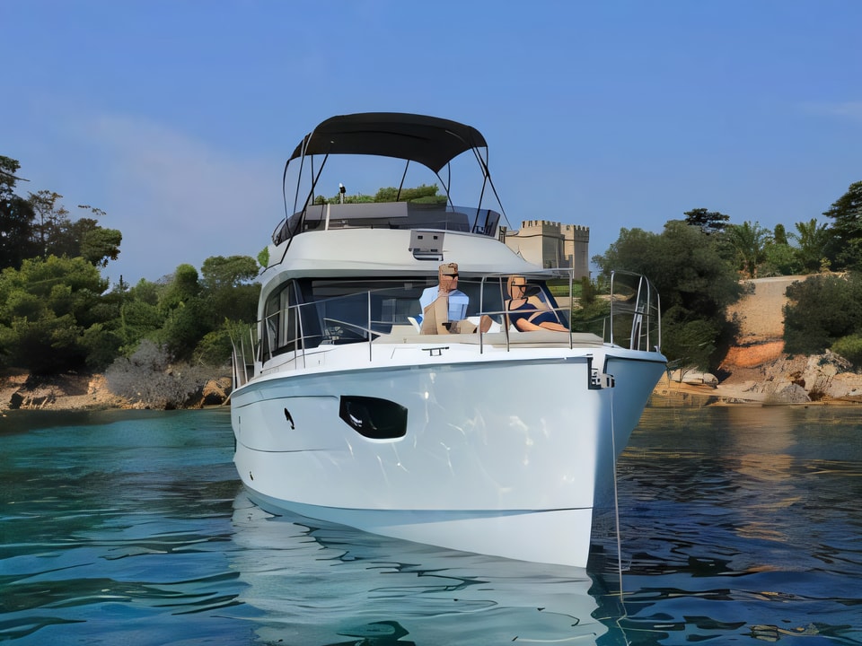 Exterior overview of Bavaria E40 Fly motor boat for charter from Pula Tehnomont Marina Veruda in the Istria / Kvarner sailing area Croatia