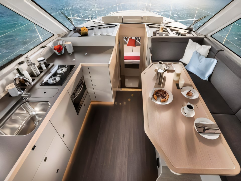 Interior of Bavaria E40 Fly motor boat with 4 cabins Croatia yacht charter